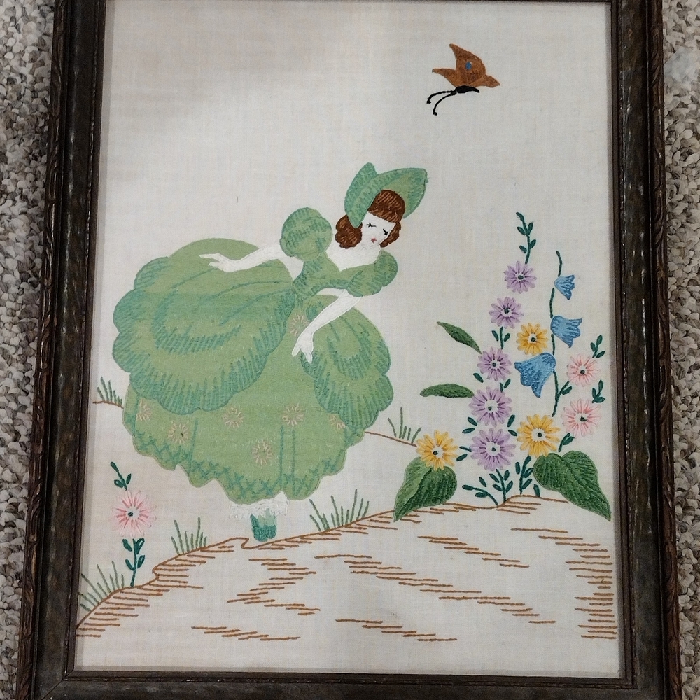 Vintage Embroidered Lady and Flowers Wall Art